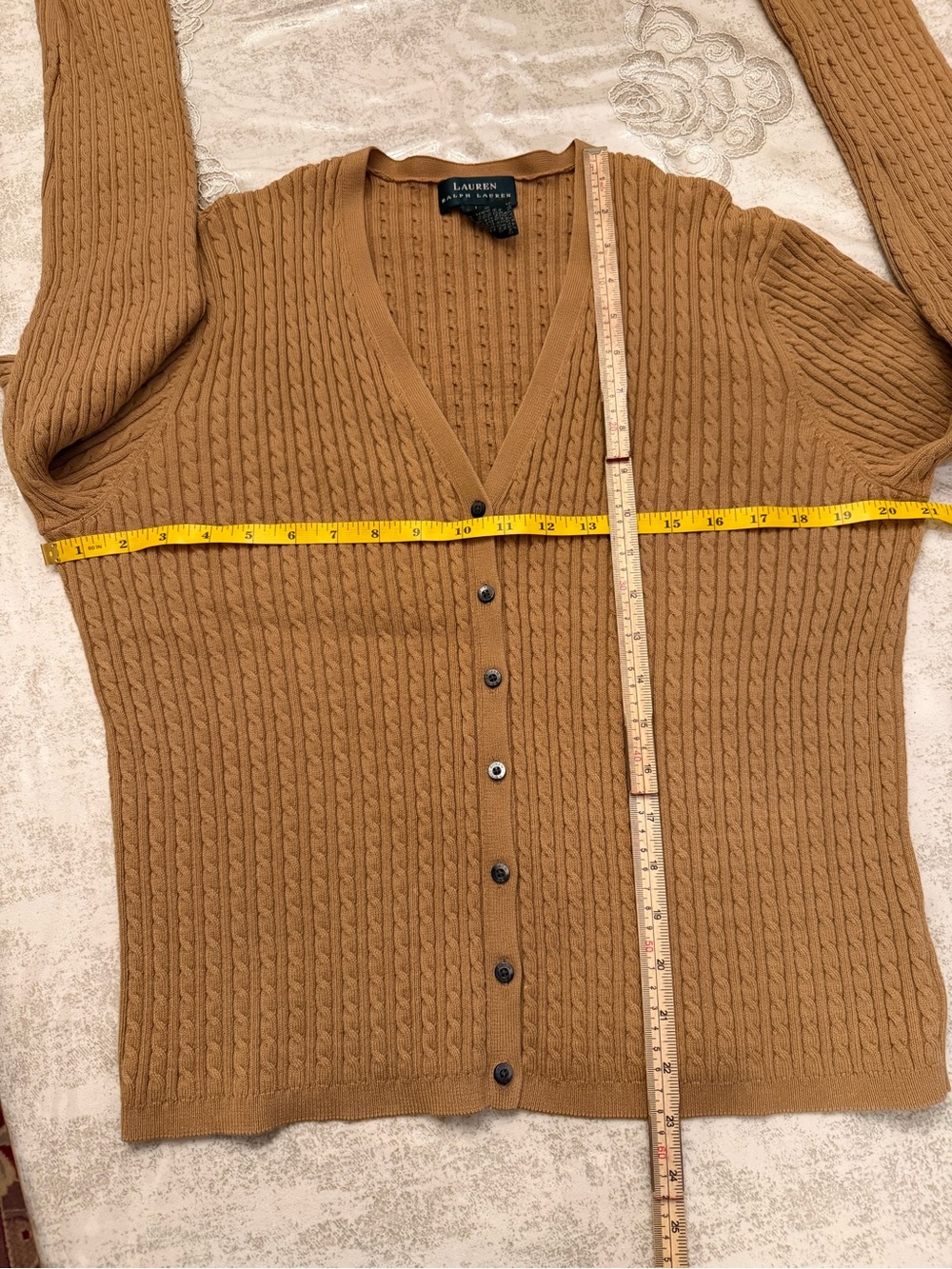 Ralph Lauren Cable Knit Cardigan Sweater Women’s Size L Camel Brown Button Front - Picture 16 of 16